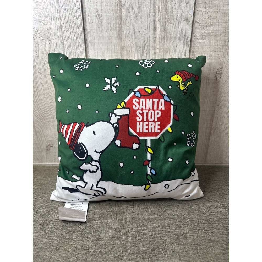 Peanuts Snoopy Christmas Pillow Santa Stop Here 18" Square